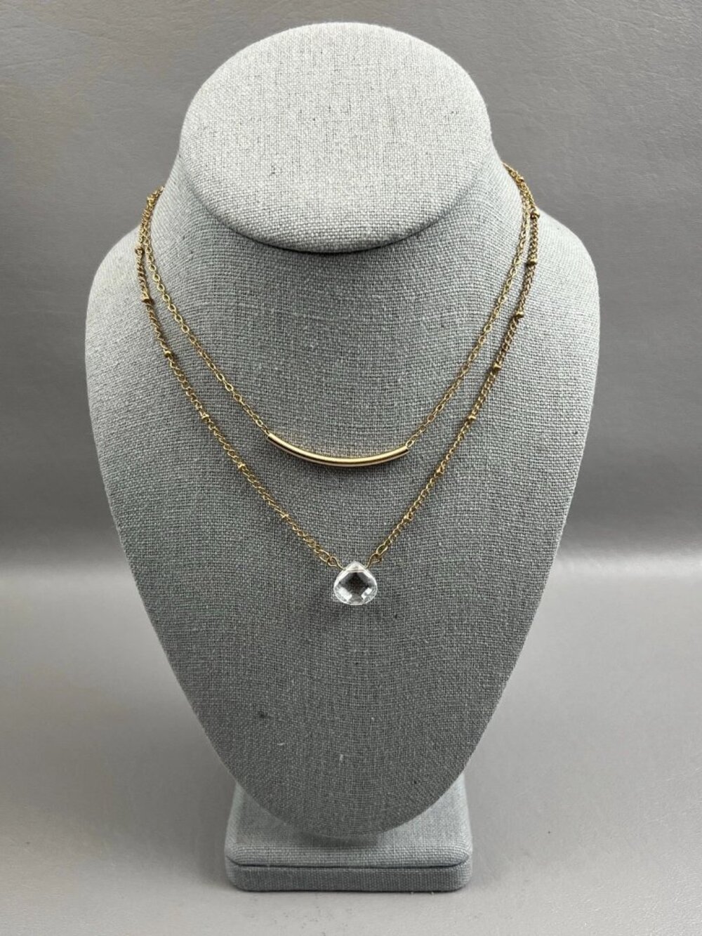 Gold Tone Layered Necklace Bar & Clear Acrylic Crystal Pendant Double Chain 14"